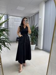 Dr 8419 Tasarım Siyah Kolsuz V Yaka Elbise