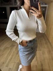 Fermuar yakalı fitilli beyaz body