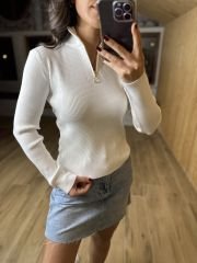 Fermuar yakalı fitilli beyaz body