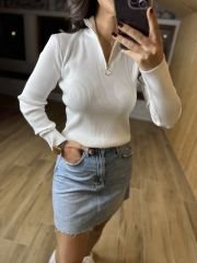 Fermuar yakalı fitilli beyaz body