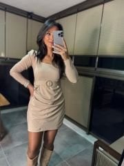 My 3049 Kare Yaka Kemerli Taş Elbise