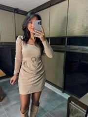 My 3049 Kare Yaka Kemerli Taş Elbise