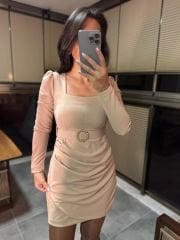 My 3049 Kare Yaka Kemerli Taş Elbise