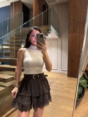 Rn 37199 Dantel Detaylı Kahve Mini Etek