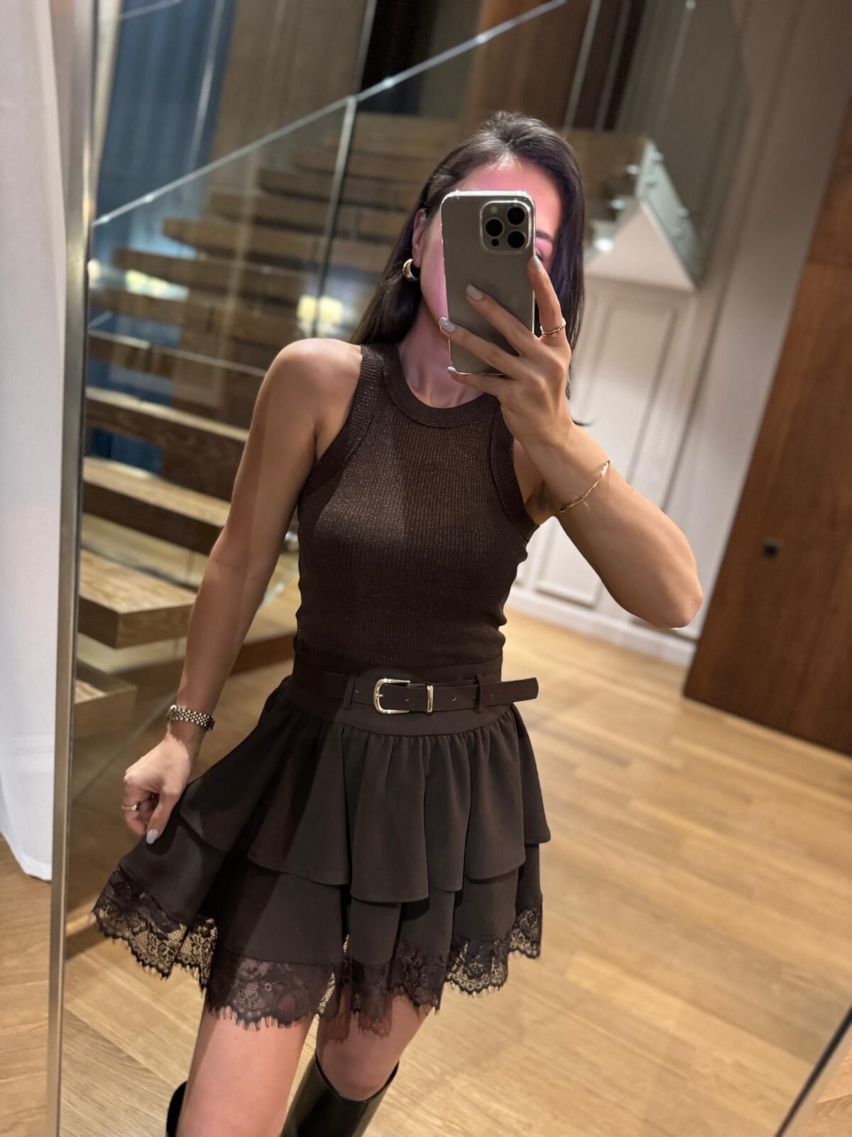 Rn 37199 Dantel Detaylı Kahve Mini Etek