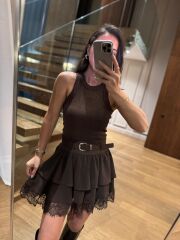 Rn 37199 Dantel Detaylı Kahve Mini Etek