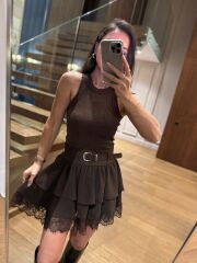 Rn 37199 Dantel Detaylı Kahve Mini Etek