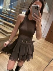 Rn 37199 Dantel Detaylı Kahve Mini Etek