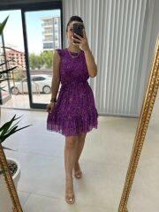 Mor Fırfır Detaylı Şifon Elbise