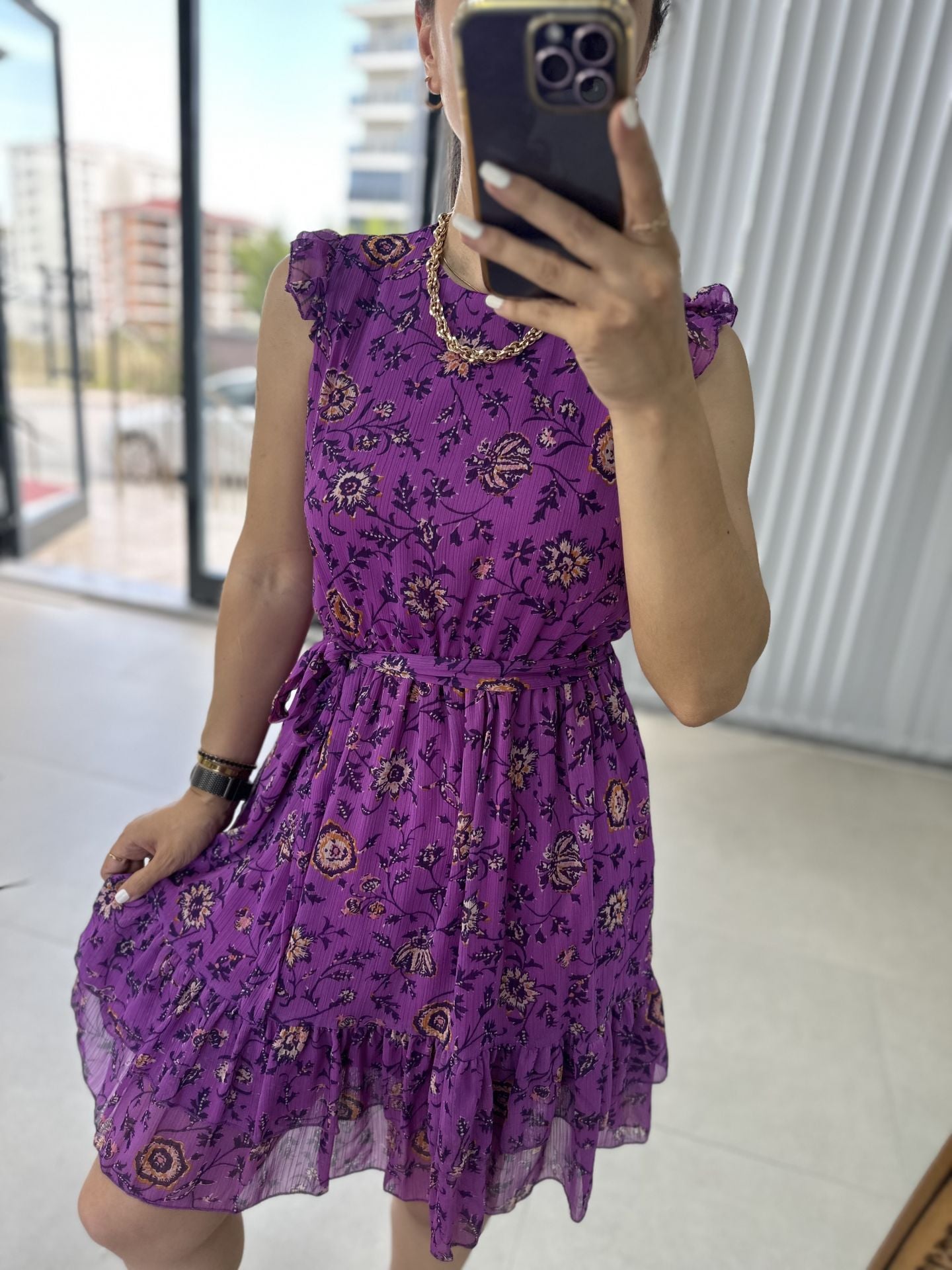 Mor Fırfır Detaylı Şifon Elbise