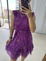 Mor Fırfır Detaylı Şifon Elbise