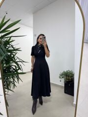 Np 1002 Omuz Vatkalı Siyah Fularlı Elbise