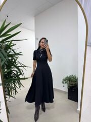 Np 1002 Omuz Vatkalı Siyah Fularlı Elbise