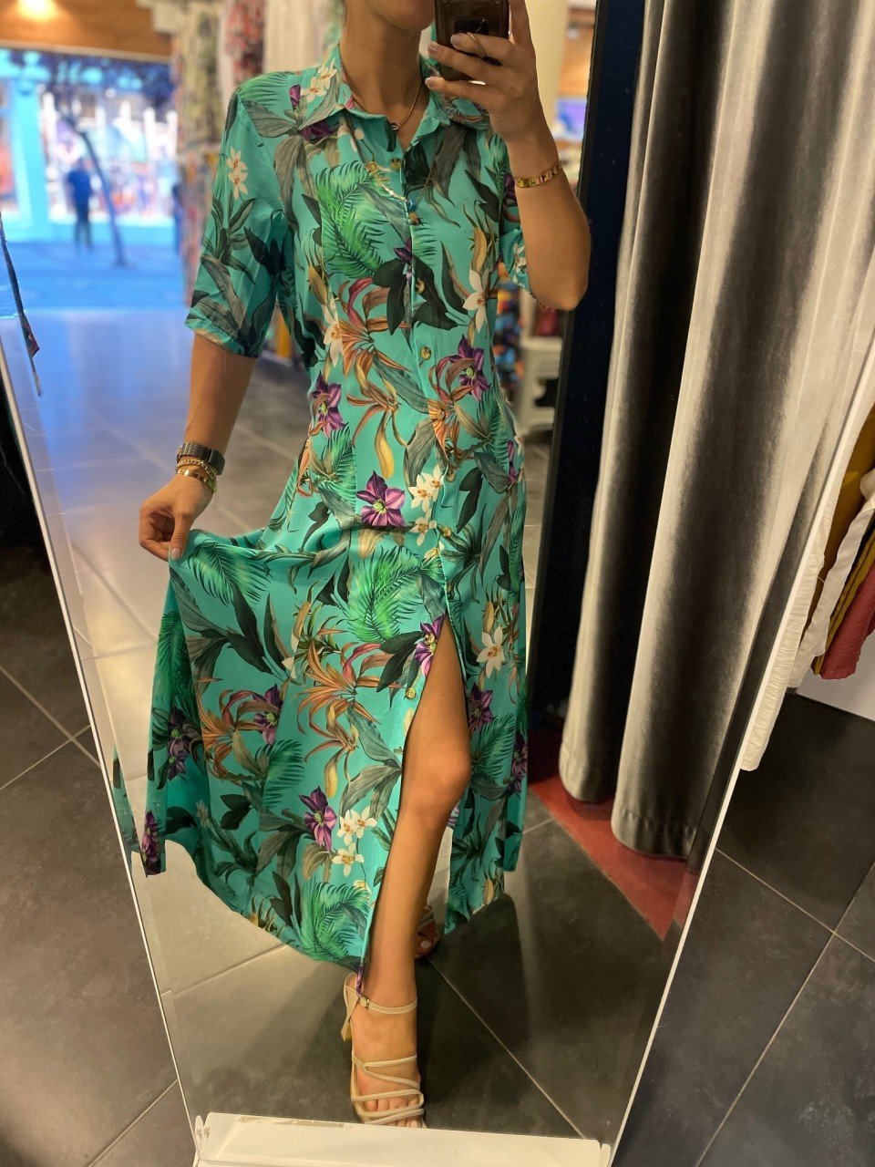 Maxi boy turkuaz gömlek elbise