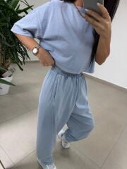 Fp 0057 Yıkamalı Mavi Tişört Pantolon Takım