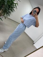 Fp 0057 Yıkamalı Mavi Tişört Pantolon Takım