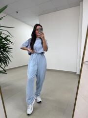 Fp 0057 Yıkamalı Mavi Tişört Pantolon Takım