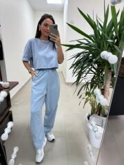 Fp 0057 Yıkamalı Mavi Tişört Pantolon Takım