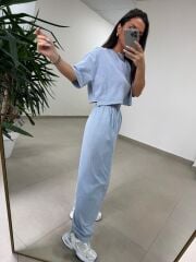 Fp 0057 Yıkamalı Mavi Tişört Pantolon Takım