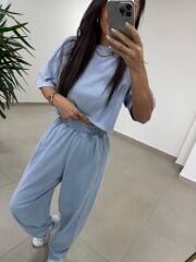 Fp 0057 Yıkamalı Mavi Tişört Pantolon Takım