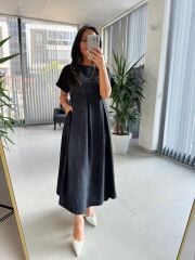 Dr 8430 Tasarım Siyah Pile Detaylı Elbise