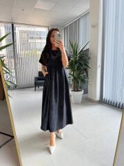 Dr 8430 Tasarım Siyah Pile Detaylı Elbise