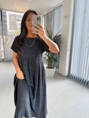 Dr 8430 Tasarım Siyah Pile Detaylı Elbise