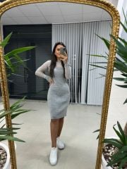 Üst Çizgi Detaylı Gri Triko Elbise