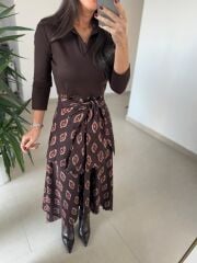 Ms 2042 Kahve Gömlek Bağlama Detaylı Elbise