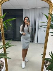Üst Çizgi Detaylı Gri Triko Elbise