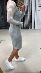 Üst Çizgi Detaylı Gri Triko Elbise