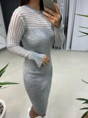 Üst Çizgi Detaylı Gri Triko Elbise