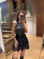 Rn 37199 Dantel Detaylı Siyah Mini Etek