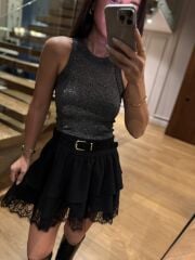 Rn 37199 Dantel Detaylı Siyah Mini Etek