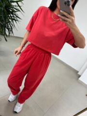 Fp 0057 Yıkamalı Kırmızı Tişört Pantolon Takım