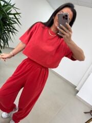 Fp 0057 Yıkamalı Kırmızı Tişört Pantolon Takım