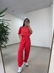 Fp 0057 Yıkamalı Kırmızı Tişört Pantolon Takım