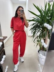 Fp 0057 Yıkamalı Kırmızı Tişört Pantolon Takım