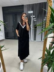 Dr 2606 V Yaka Kahve Geçişli Elbise