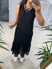 Ms Beyaz Geçişli Cepli Crep Elbise