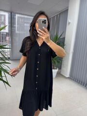 Brsk Krinkıl Siyah Kemik Düğmeli Elbise