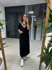 Dr 2606 V Yaka Kahve Geçişli Elbise