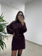 Dv 90265 Balıkçı Yaka Yumoş Bordo Triko Elbise