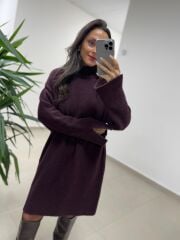 Dv 90265 Balıkçı Yaka Yumoş Bordo Triko Elbise