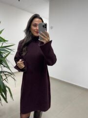 Dv 90265 Balıkçı Yaka Yumoş Bordo Triko Elbise
