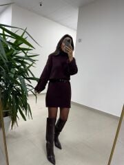 Dv 90265 Balıkçı Yaka Yumoş Bordo Triko Elbise