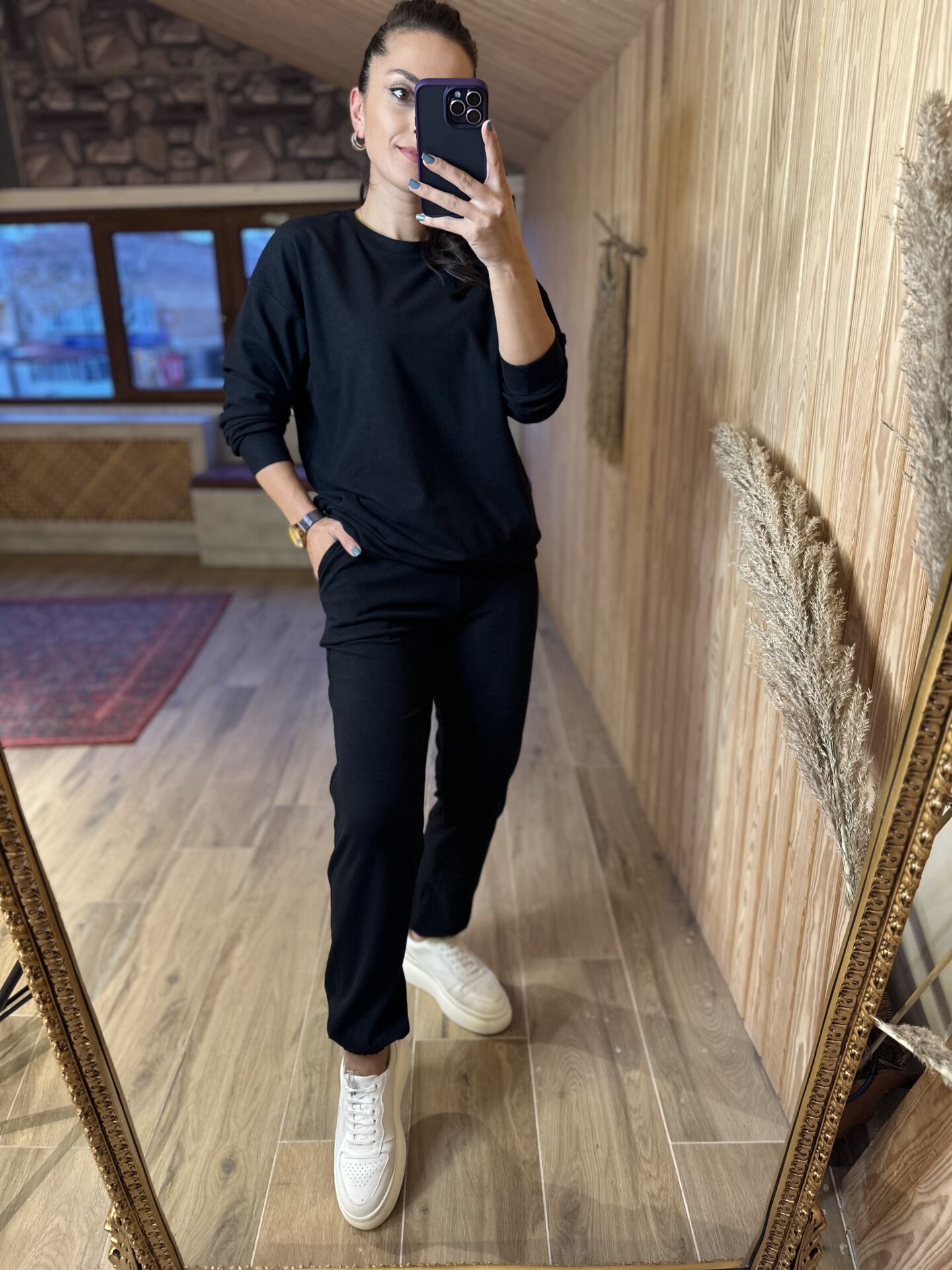 Poplin detaylı siyah takım