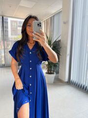 Np 6002 Saks Yarasa Kollu Pileli Elbise