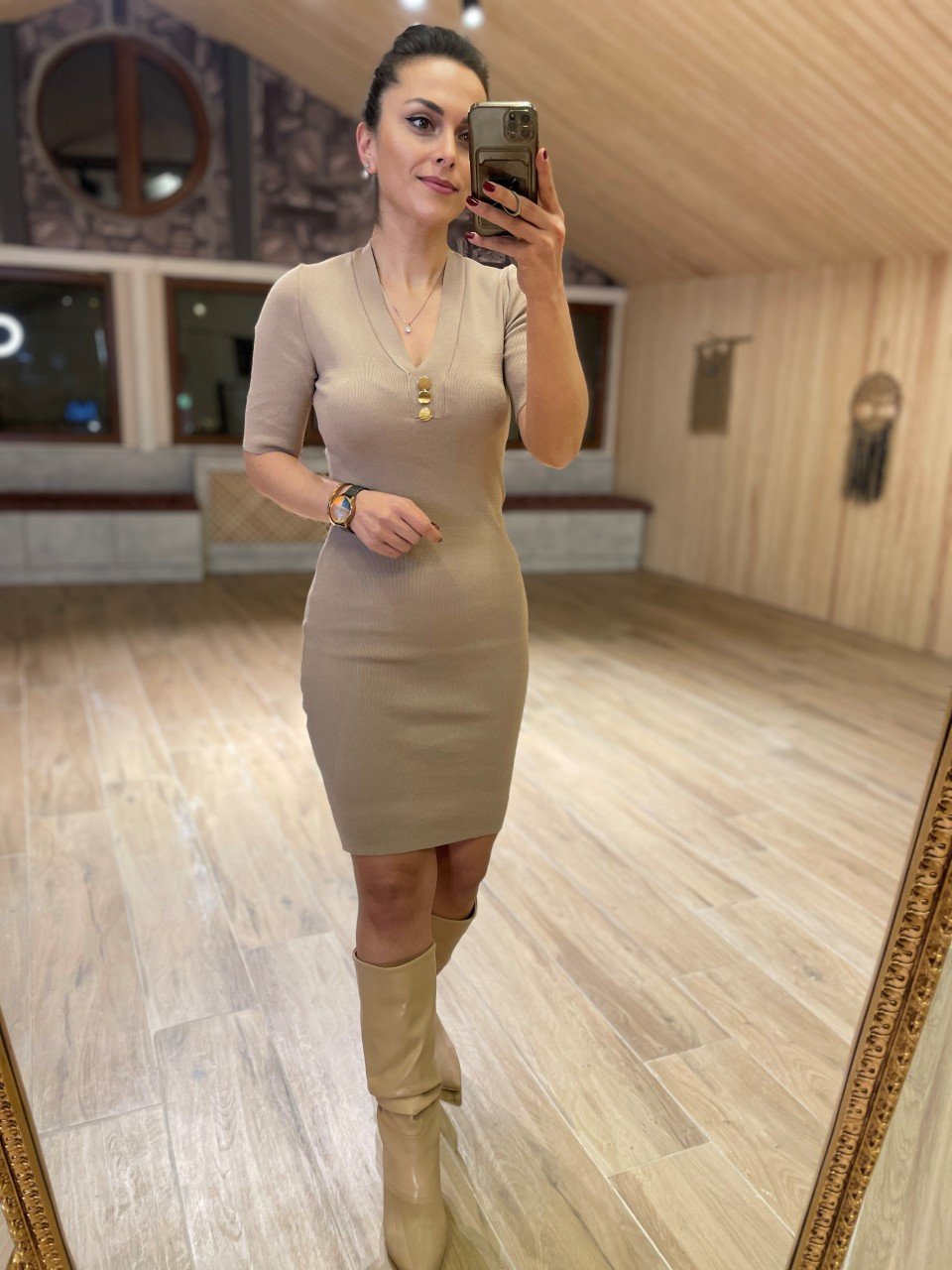 Nude çelik kalem elbise
