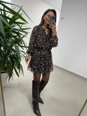 Mc 5088 Siyah Gipe Detaylı Şifon Elbise